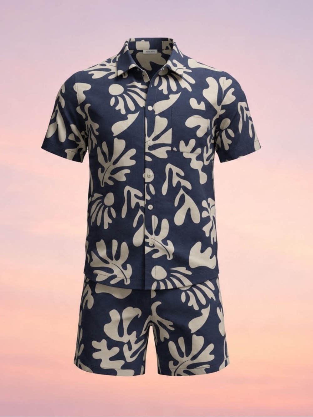 Men's Navy and Cream Floral Casual Button-Down Shirt and matching shorts